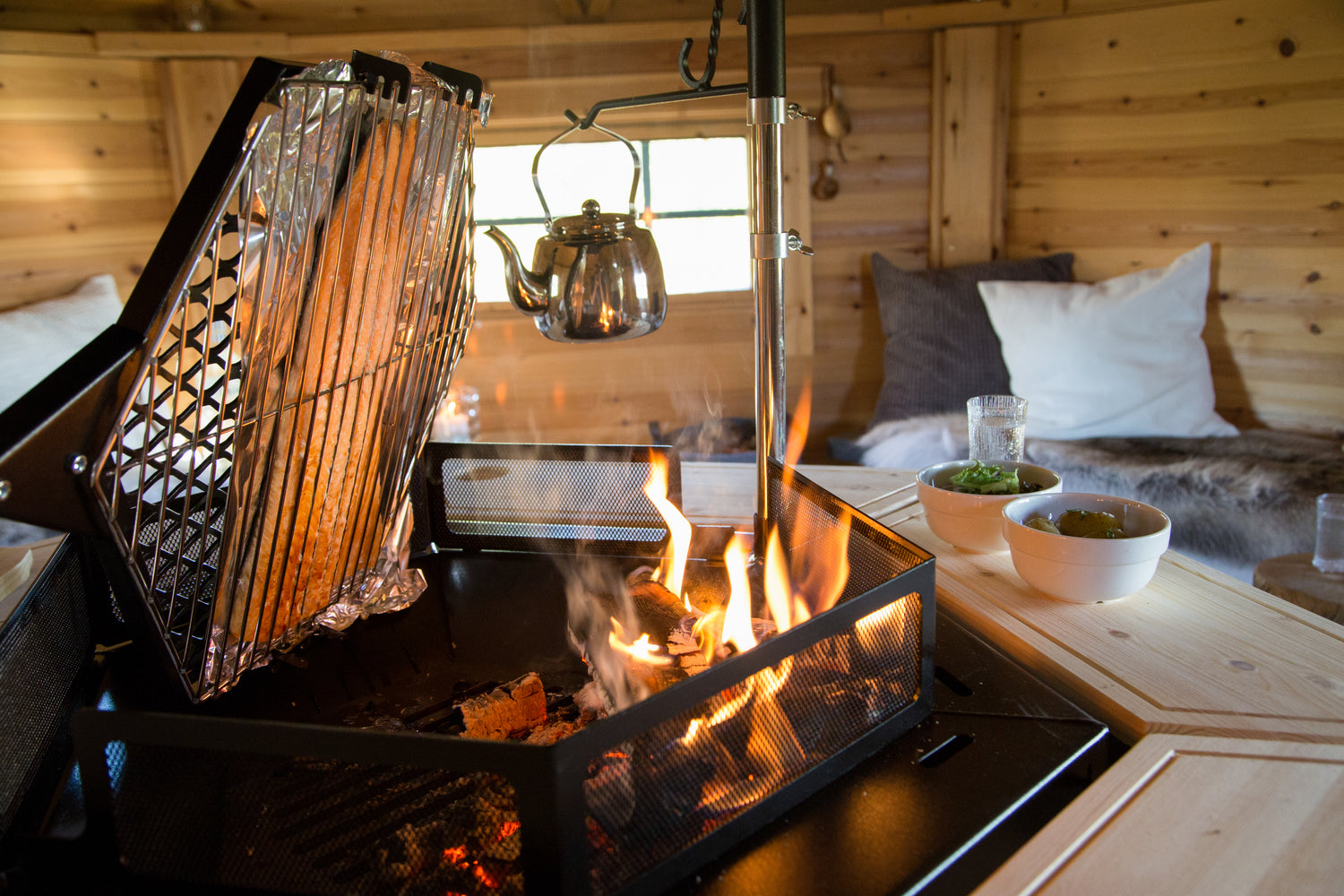 Finnish Kota Grill interior salmon cooking